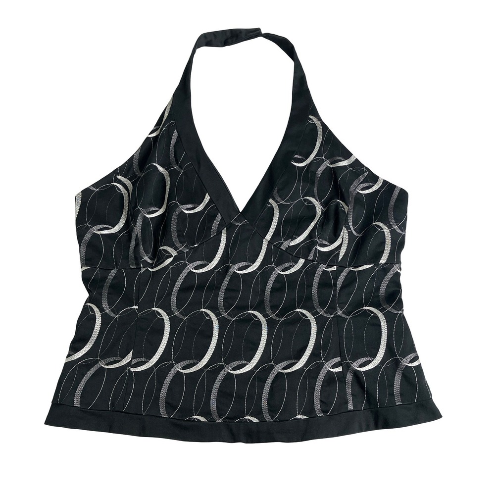 Vintage Y2K Oasis Halter Top Women 16 Black Geometric Embroidered Academia Indie